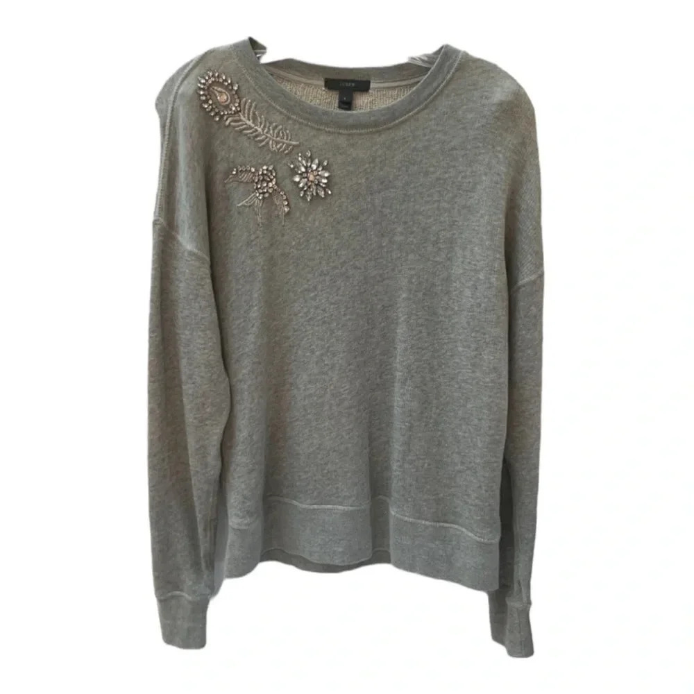 J.Crew Heather Gray Jeweled Embellished Glam Sweatshirt Sweater Top  S
